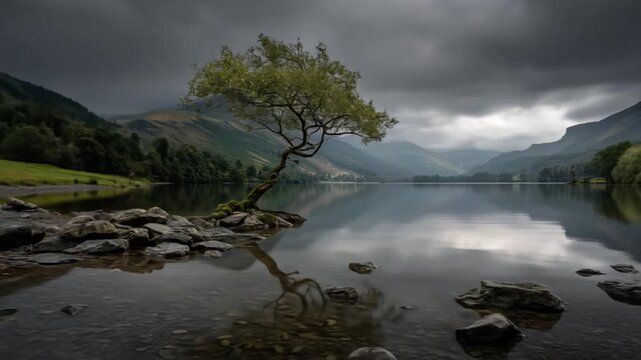 Lone tree reflected in tranquil mountain lake under dramatic cloudy sky, serene wilderness landscape with still water and rocky shore.