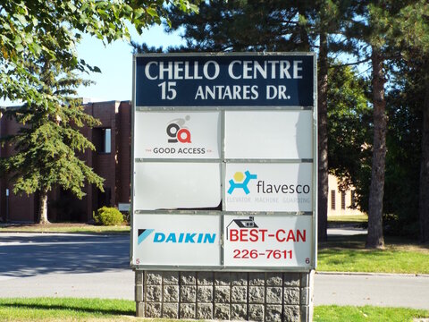Nepean, Ontario, Canada &ndash; July 27, 2025: The "Chello Centre" directory sign at 15 Antares Drive lists several businesses including "The Good Access Co., Flavesco, Daikin, and Best-Can."