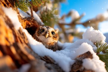 Fototapeta premium Owl Nesting Within Ancient Pine Tree Covered in Snow with Bright Skies Above