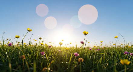 Naklejka premium Sunny meadow with vibrant wildflowers and lush green grass under a clear blue sky featuring a soft lens flare and dreamy bokeh effect creating a peaceful and refreshing spring atmosphere