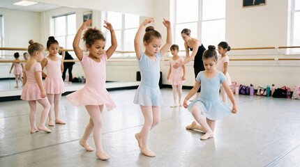 Fototapeta premium Young ballet students practicing dance positions in bright studio, children training discipline and creativity in performing arts