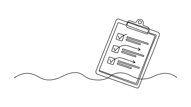 Continuous one line drawing of clipboard with checklist.