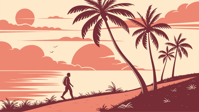 Warm pastel tropical sunset beach illustration with palm trees, clouds, ocean horizon, and walking silhouette. Clean minimal vector perfect for vacation ads and summer designs.