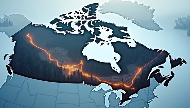 Mapa de Canad&aacute; compuesto por oleoductos, bosques y estructuras mineras