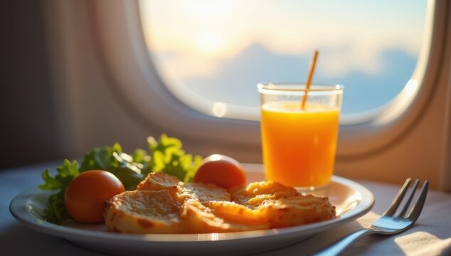 Primer plano de una comida saludable a bordo con zumo de naranja cerca de la ventanilla del avi&oacute;n
