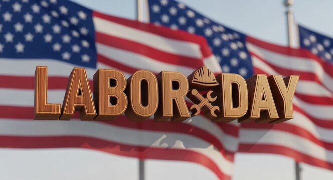 Labor Day text with construction helmet and wrench icon in 3d. American flags waving in the background. National holiday celebration graphic design element.