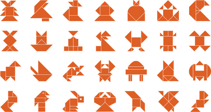 Collection of diverse geometric animal and object illustrations created with tangram puzzle shapes