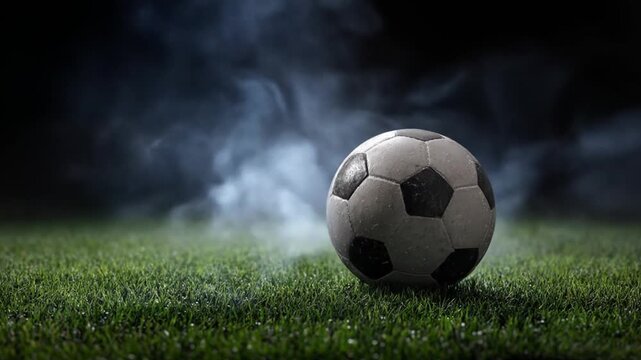 Soccer ball on green grass with dramatic lighting and atmospheric smoke