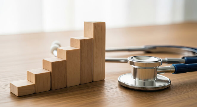 Wooden block graph trending upward with stethoscope on wooden desk suggesting health care growth and financial wellness concept