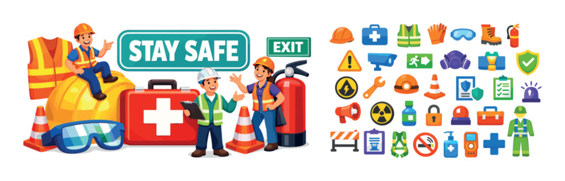 Construction workers and safety equipment icons promoting workplace safety