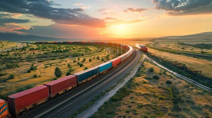 Fototapeta premium Long cargo train crossing open land, warm sunlight, clean layout.