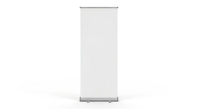 Blank white roll-up banner stand for advertising display product presentation or trade show signage in studio setting minimal design