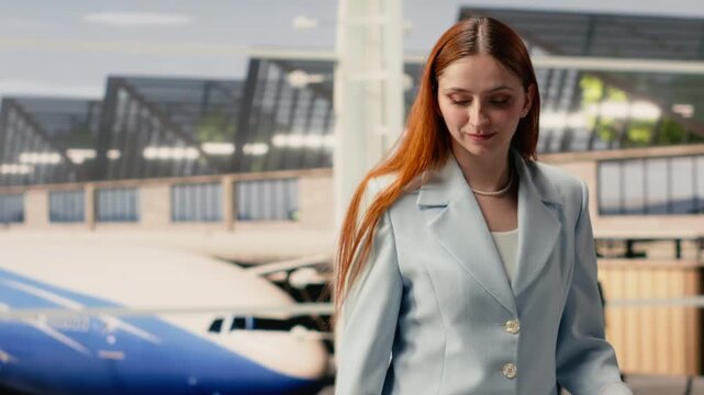 Female tourist, reviews plane ticket, waiting for boarding, in airport lounge. Passengers with luggage inside busy terminal reflecting holiday travel and airline industry workflows.