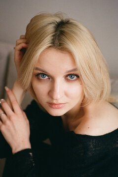 Blonde With Blue Eyes Over-Shoulder Look, Analog Film Portrait