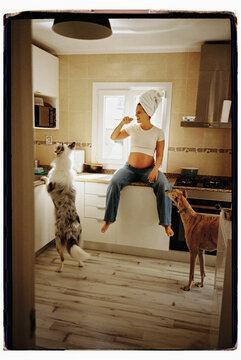 Pregnant Woman Sits in Kitchen With Two Dogs While Brushing Teeth