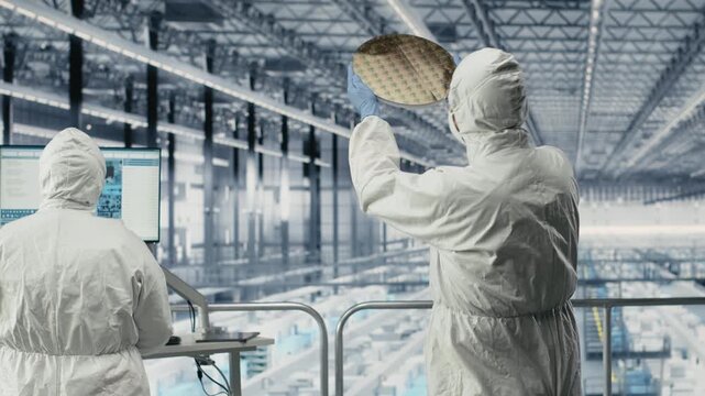 Engineering team in microchip research facility review semiconductor substrate design, optimizing photolithography. Industry 4.0 PCB plant technicians trialing silicon wafer materials, camera B