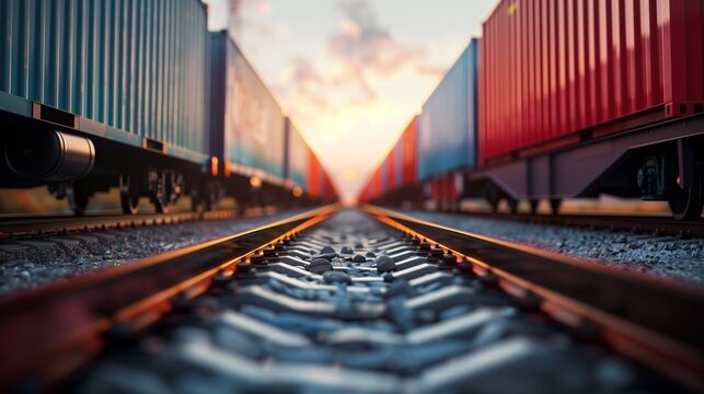Container train on railway with vanishing point perspective, minimal background.