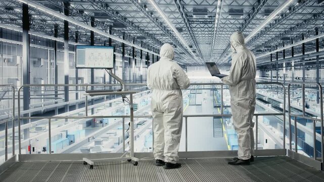 Reviewing schematics, safety suits and employees in microchip smart factory talking. Overseeing gear layouts, EDA software and teamworking colleagues collaborating in industry 4.0 plant, camera A