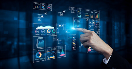 Obraz premium A big data visualization and business analytics dashboard grid. A complex collection of charts and graphs for comprehensive company reporting. Motif
