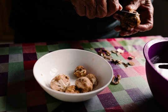 Unidentified senior man&rsquo;s hands rinsing and slicing Terfezia claveryi