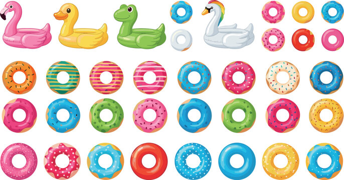 Inflatable pool floats and colorful donuts collection set summer beach accessories sweet desserts vector illustration isolated design elements