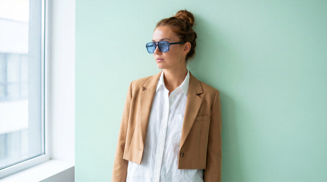 Young woman with red hair in a bun wearing a tan cropped blazer and blue tinted sunglasses standing against a light green wall