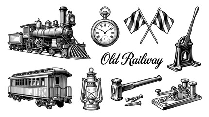 Obraz premium Vintage Railway Vector Illustration Set with Steam Locomotive, Train Carriage, Pocket Watch, and Antique Railway Tools in Engraving Style