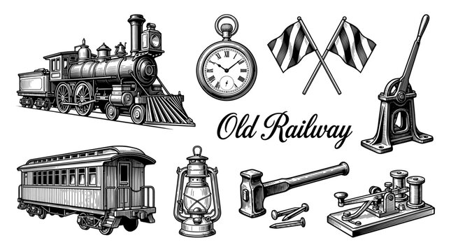 Vintage Railway Vector Illustration Set with Steam Locomotive, Train Carriage, Pocket Watch, and Antique Railway Tools in Engraving Style