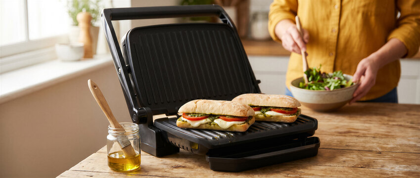 Closeup of a panini press on a wooden kitchen table with two freshly grilled sandwiches, a jar of olive oil, and a person tossing a salad