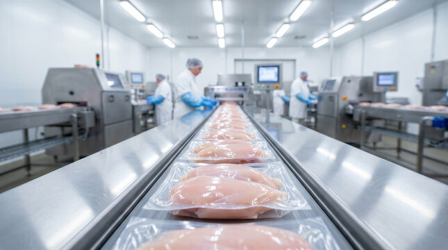 Industrial food processing plant with workers packaging raw chicken breast fillets on a conveyor belt in a sterile clean room environment