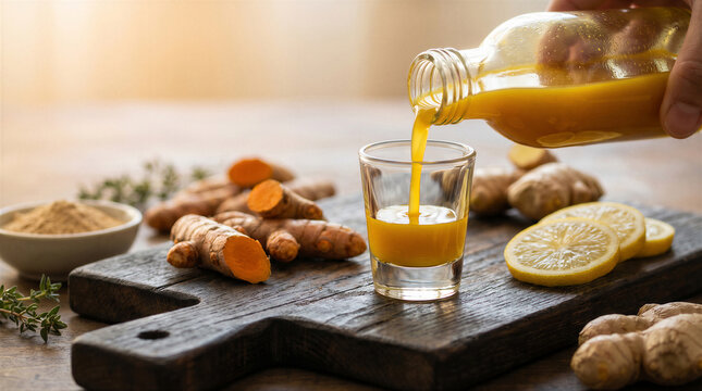 Fresh turmeric and ginger shot being poured into a glass on a rustic wooden board with lemon slices and herbs in a kitchen setting