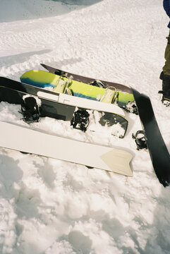 Snowboards in the snow