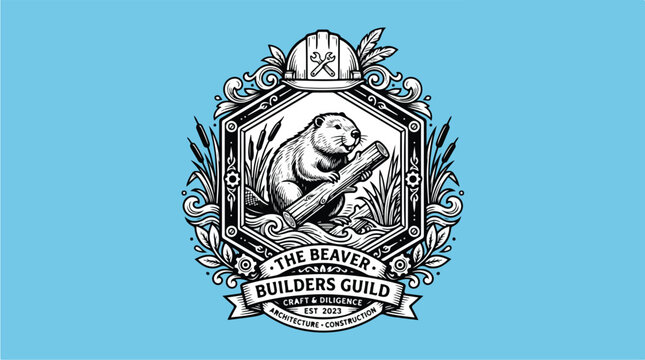 The Beaver Builders Guild Emblem with Beaver Holding Log.