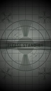 Retro screen with please stand by text, worldwide disaster, pandemic, war.ideal for retro graphic design projects, video editing backgrounds, and televisioninspired art.