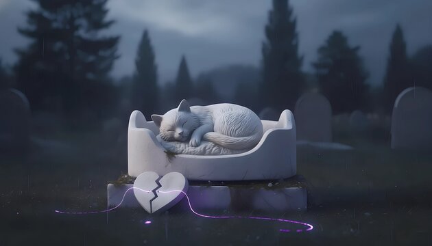 Sleeping cat statue on a grave with a broken heart memorial symbol. Pet loss and grieving concept. Sad cemetery scenery with rain, representing mourning for a beloved animal companion.