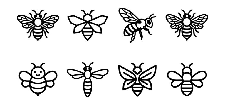 Set of bee icons, collection of honey bee symbols, vector illustration
