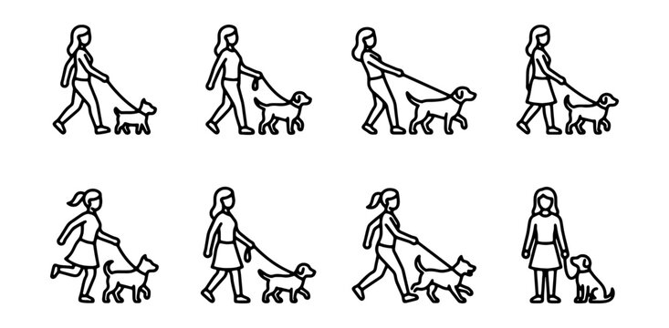 Dog Walking Icons, Pet Care Vector Graphics, Black Line Illustrations, 8 Elements