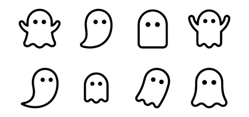 Fototapeta premium Set of cute ghost icons, simple line art vector illustrations for halloween design