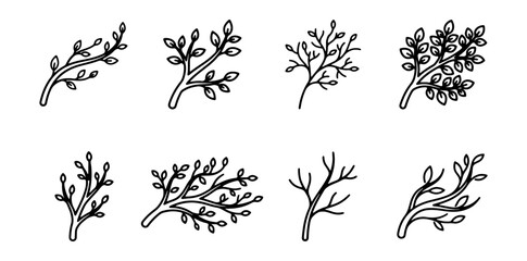 Fototapeta premium Set of hand drawn tree branches with leaves, doodle style botanical elements for design