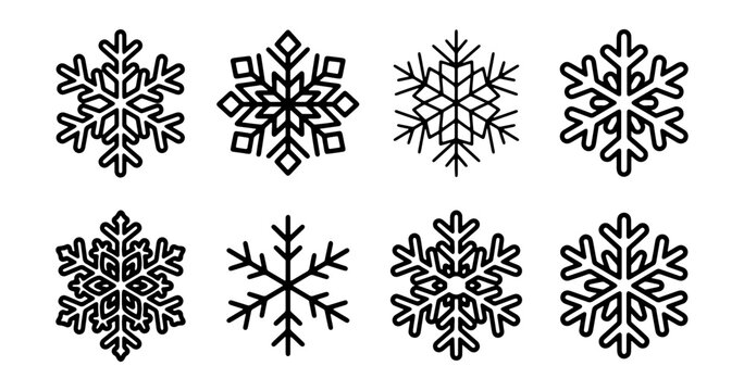 Set of eight different snowflake icons, winter holiday design elements