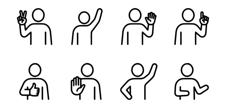Set of simple line icons of people making various hand gestures and signals