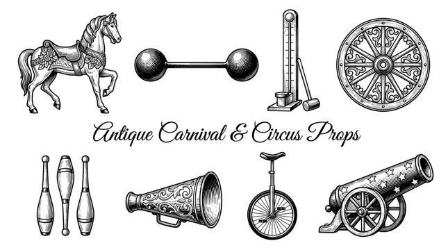 Antique Carnival and Circus Props Collection, Vintage Engraved Vector Illustration with Carousel Horse, Cannon, Unicycle, and High Striker