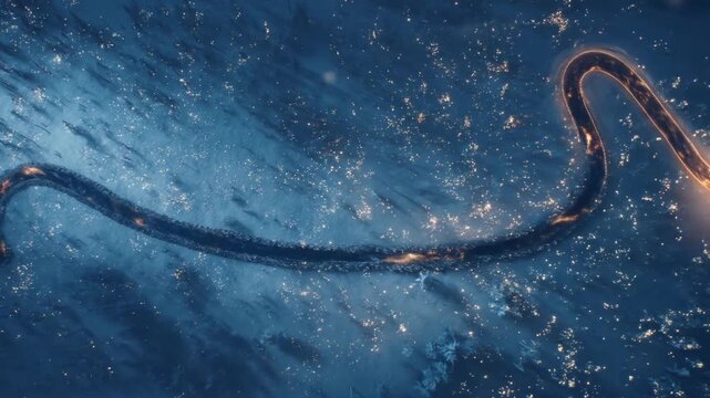 Abstract digital worm structure on a deep blue background with sparkling lights