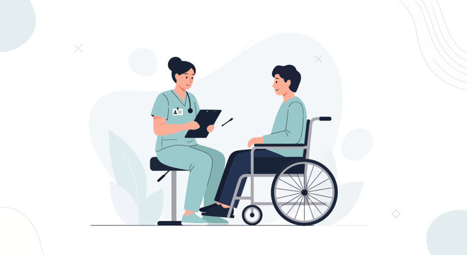 Nurse Consults with Patient in Wheelchair, Healthcare and Support Concept