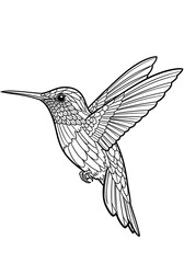 Obraz premium This beautiful black and white line drawing of a hummingbird in flight is perfect for hummingbird coloring pages. The detailed illustration showcases the bird's intricate feathers, wings, an