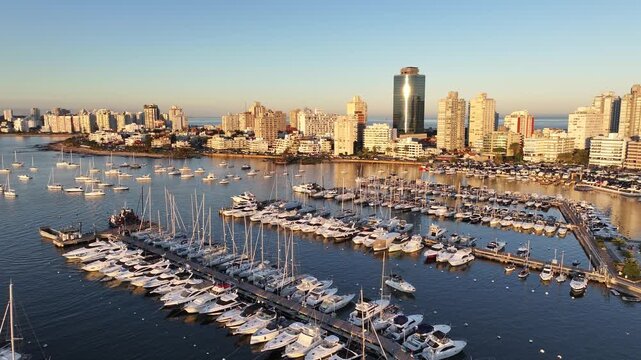 Sunset Punta Del Este Skyline In Maldonado Uruguay. Sunrise Skyline. Beach Landscape. Downtown District. Punta Del Este Skyline In Punta Del Este In Maldonado Uruguay. Highrise Buildings.