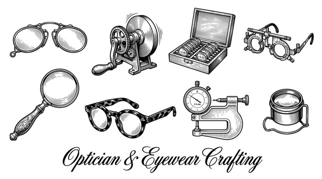 Vintage Optician and Eyewear Crafting Tools Collection featuring Trial Frames, Magnifying Glass, and Lens Grinding Machine Vector Engraving Illustration