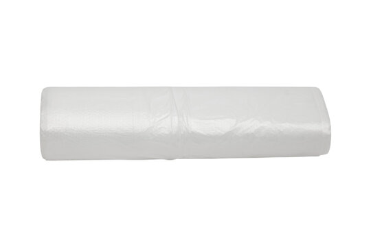 White plastic garbage bag folded in roll. Household waste container accessory for trash bin. Commercial poly ethylene film product isolated on transparent background for hygiene cleaning task.