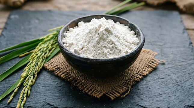 Tepung terigu putih dalam mangkuk hitam dengan daun pandan dan padi di latar belakang
