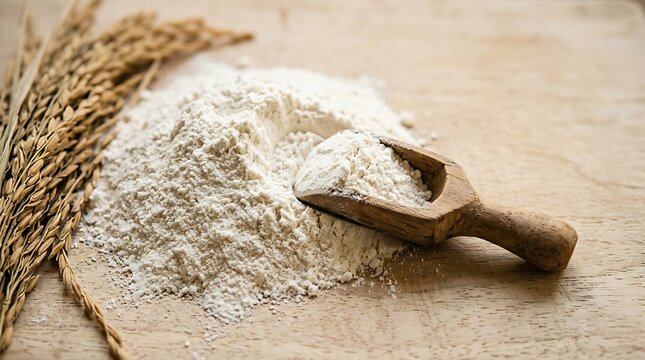 Tepung terigu di atas meja kayu dengan sendok kayu dan gandum di sampingnya
